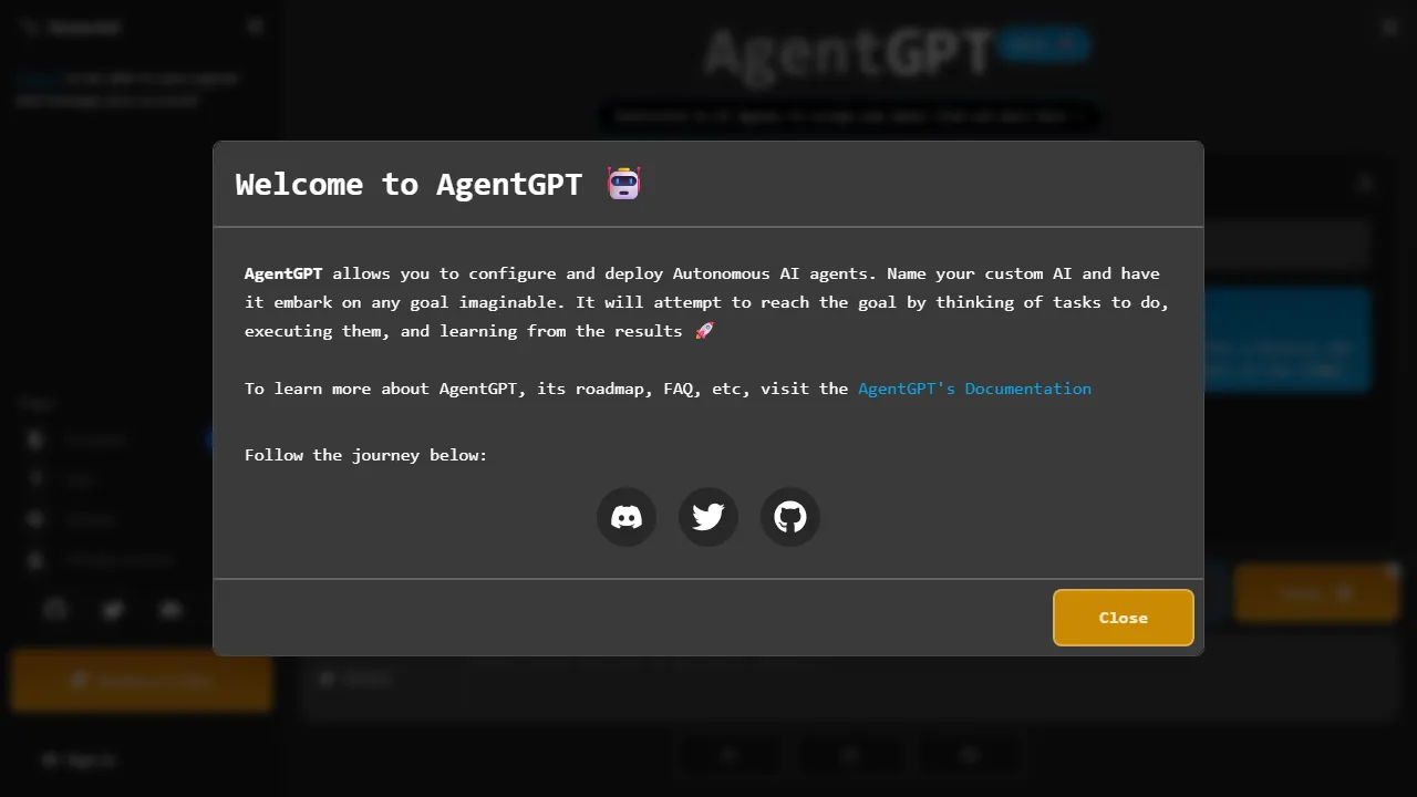 AgentGPT 인터페이스 메인 대시보드 스크린샷