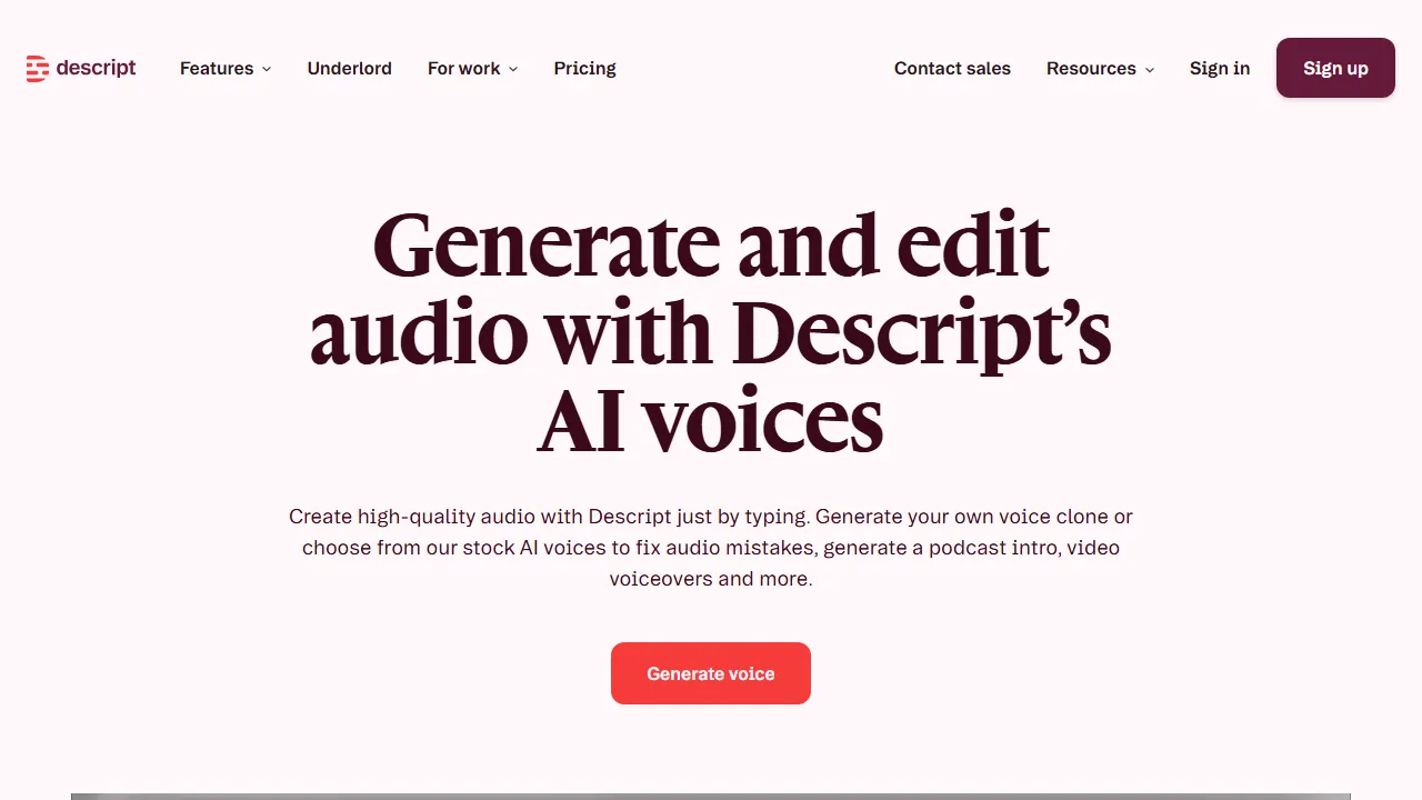 Descript AI Voice 인터페이스 메인 대시보드 스크린샷