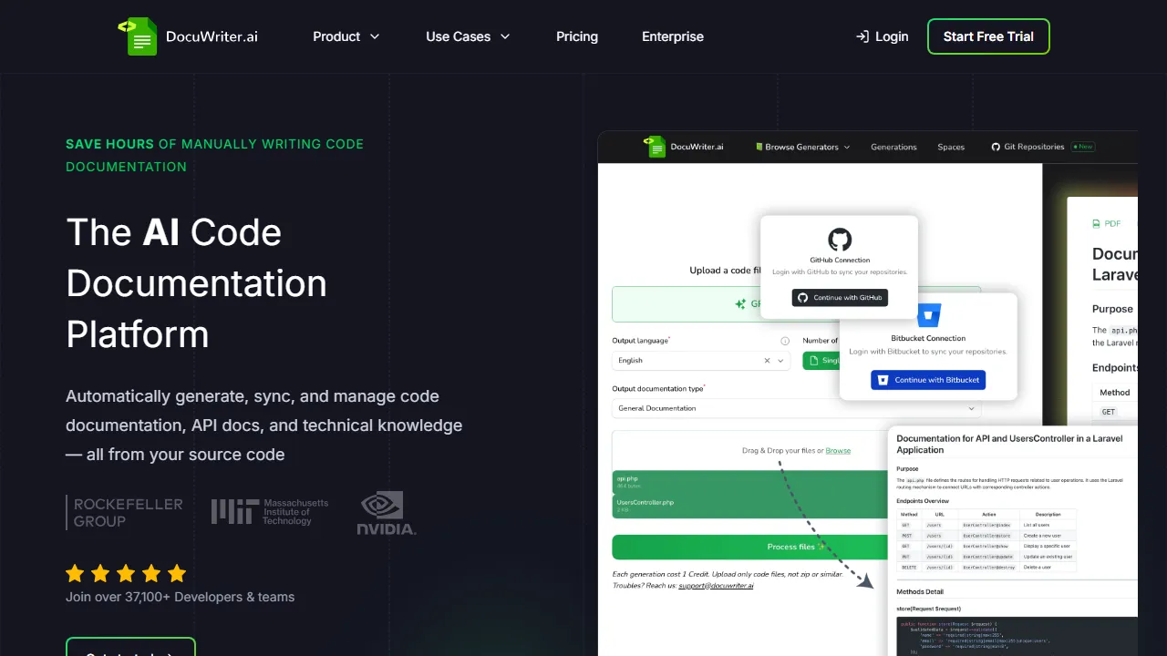 Docuwriter.ai 인터페이스 메인 대시보드 스크린샷