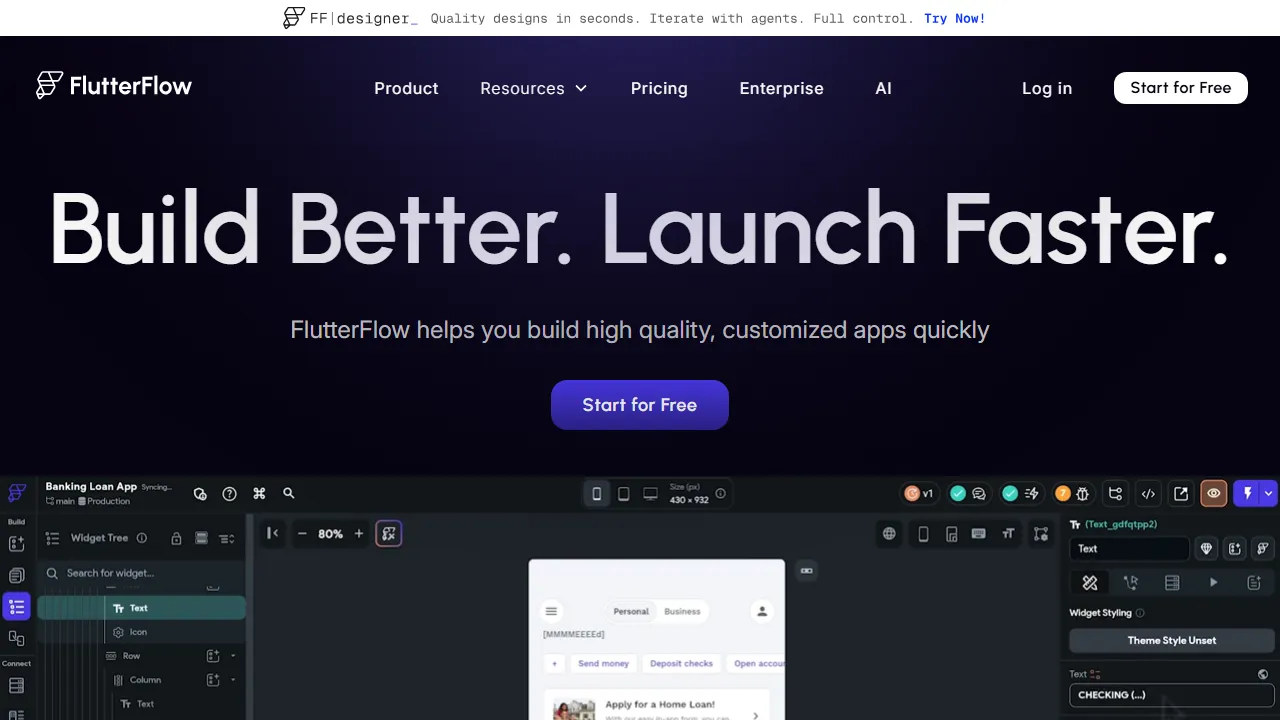 FlutterFlow 인터페이스 메인 대시보드 스크린샷