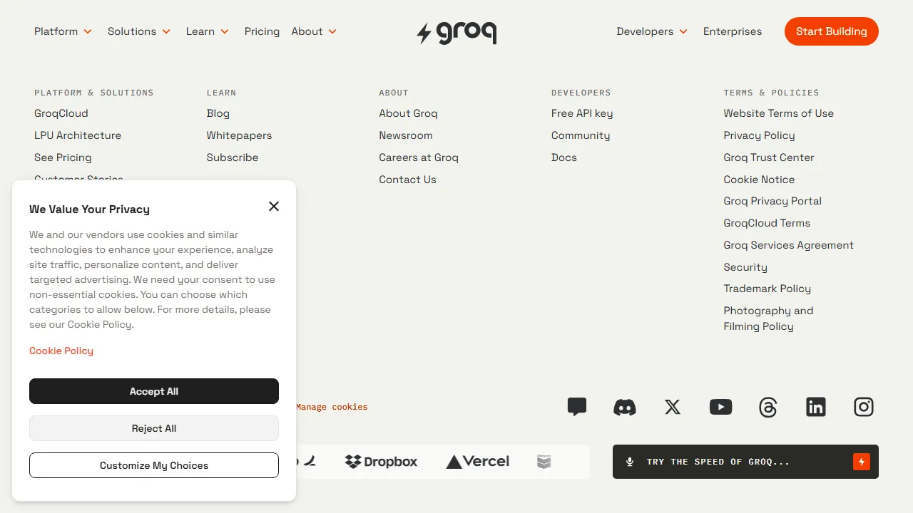 Groq 인터페이스 메인 대시보드 스크린샷