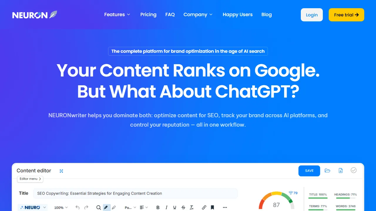 NeuronWriter 인터페이스 메인 대시보드 스크린샷