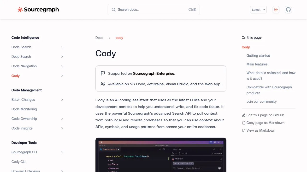 Sourcegraph Cody 인터페이스 메인 대시보드 스크린샷