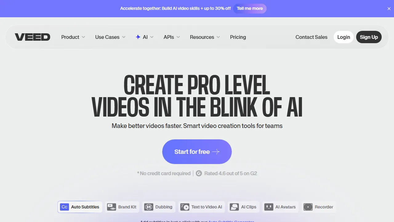 Veed.io 인터페이스 메인 대시보드 스크린샷